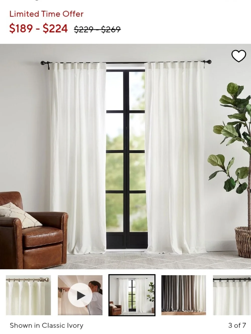 Pottery Barn Belgian Flax Light Filtering ivory Curtain Panel (150